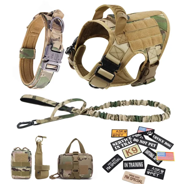 Military Large Dog Harness Collar , Leash, Bags Patches Set